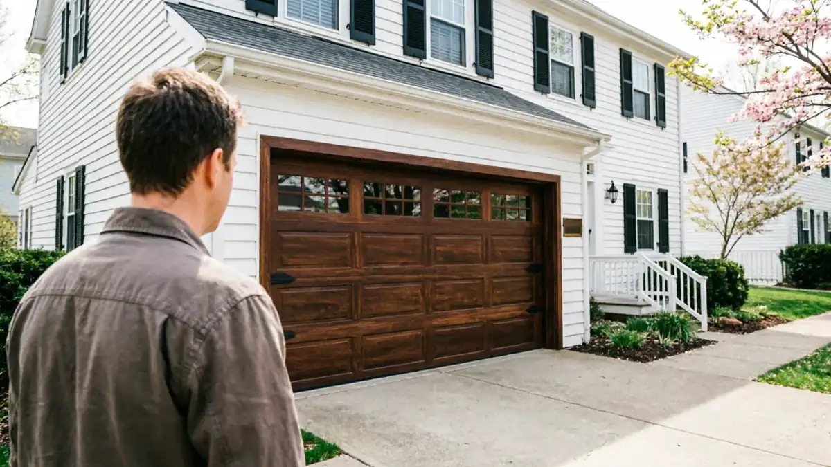 A man stands facing a white house with a dark wood garage door.
