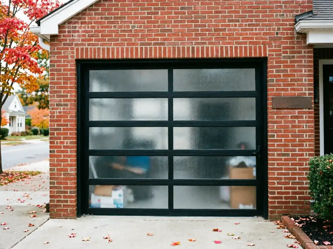 A modern black garage door with frosted glass panels on a brick house.