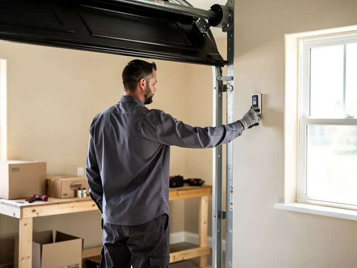 A technician adjusts a garage door opener control panel on a wall.